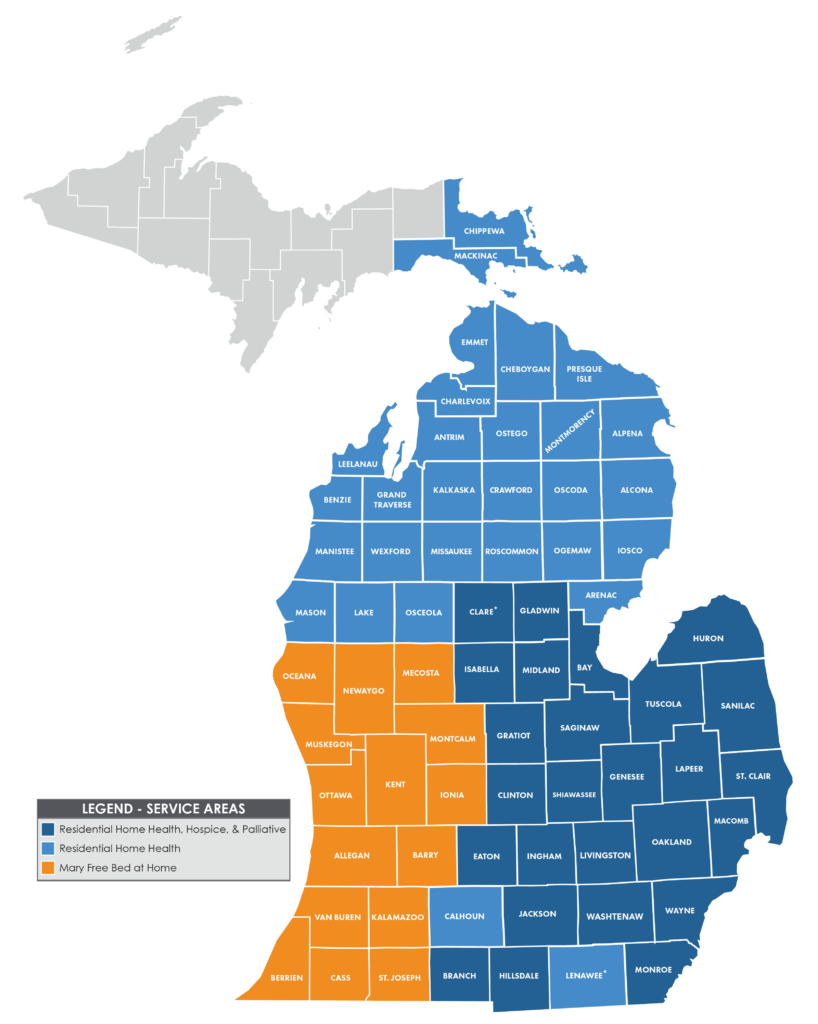 Map highlighting counties where we provide service in Michigan