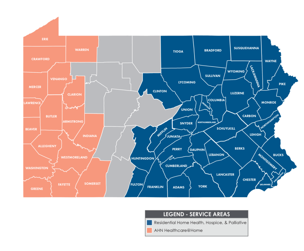 Map highlighting counties where we provide service in Pennsylvania